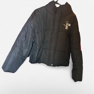 Black Puffer Jacket with Embroidered Mouse